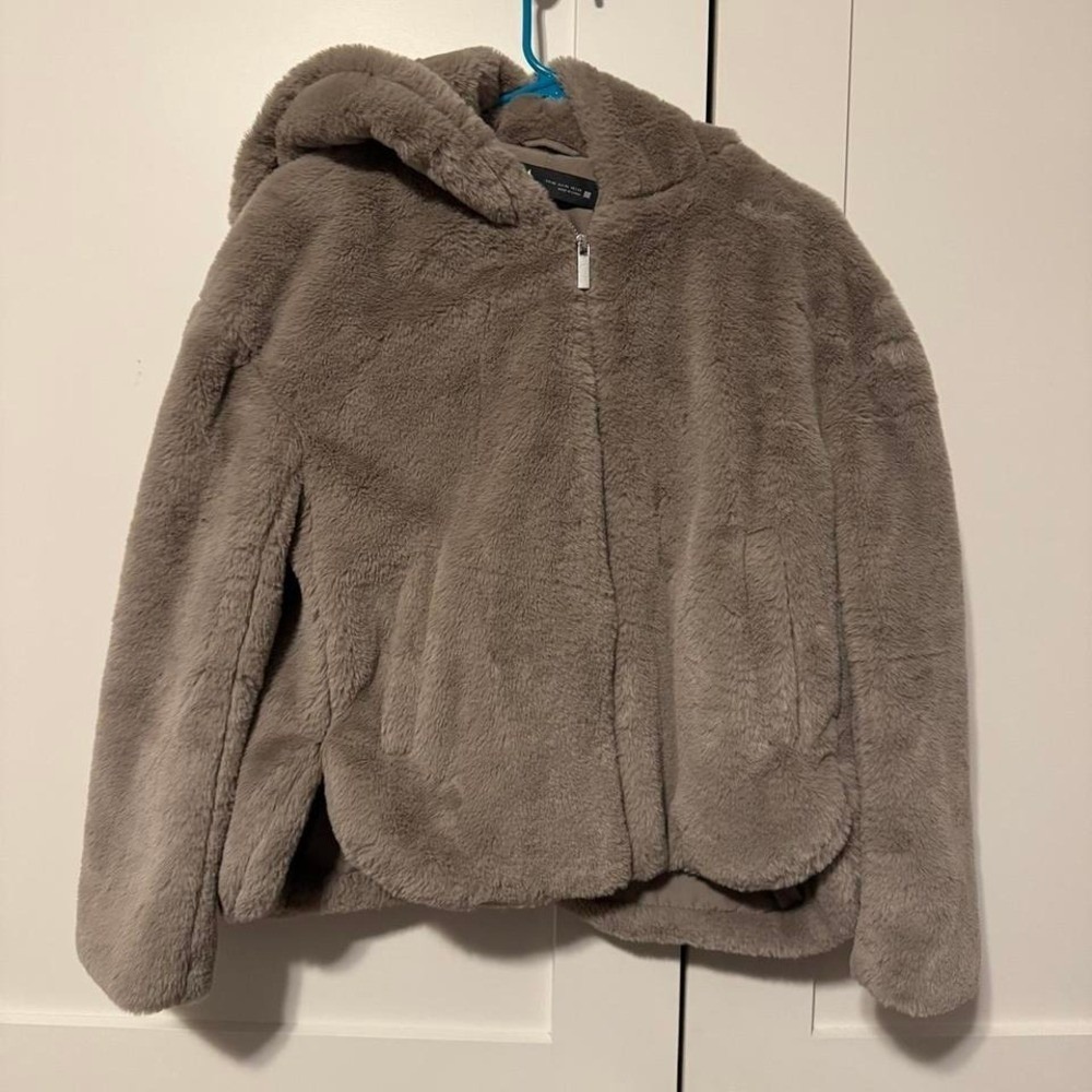 Zara Faux Fur Hooded Jacket Taupe Brown Zip Up Teddy Coat Womens XS
